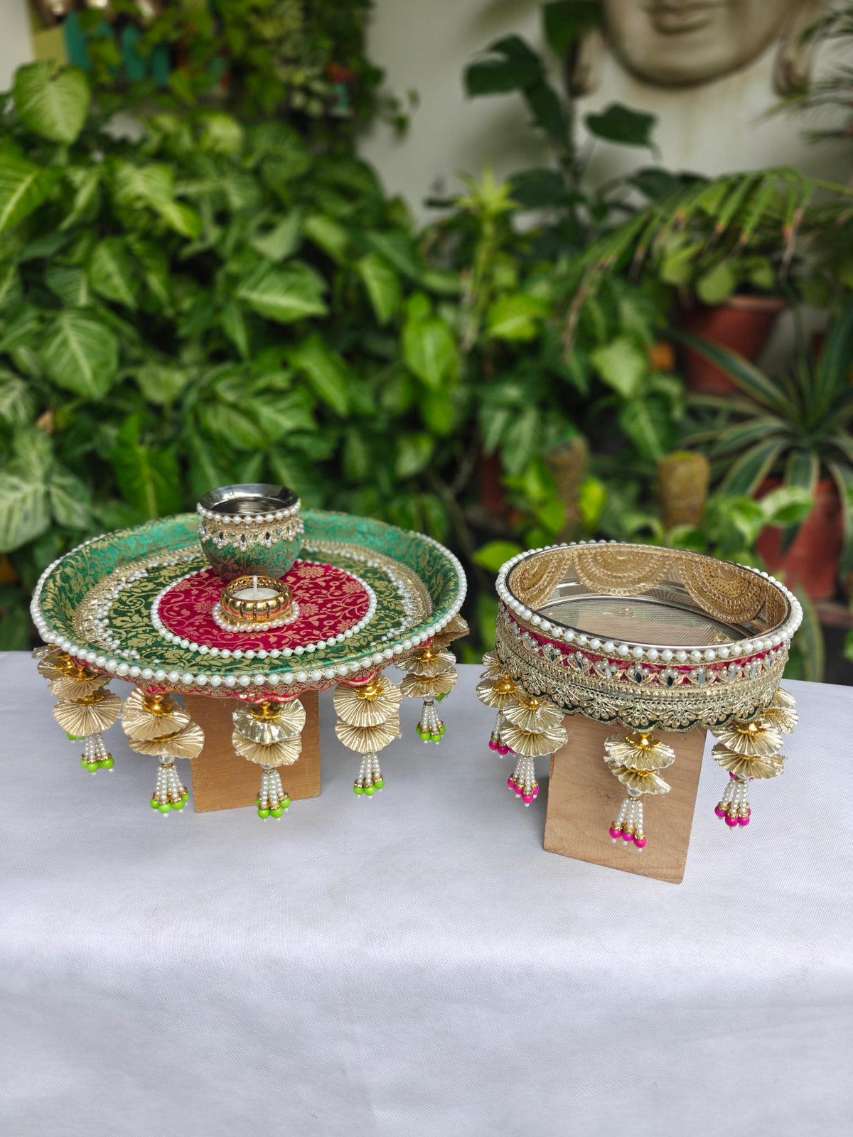 Teal and Pink Karvachauth Thali Set | The Wedding Station