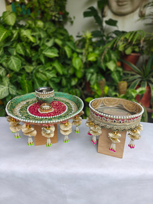 Teal and Pink Karvachauth Thali Set | The Wedding Station