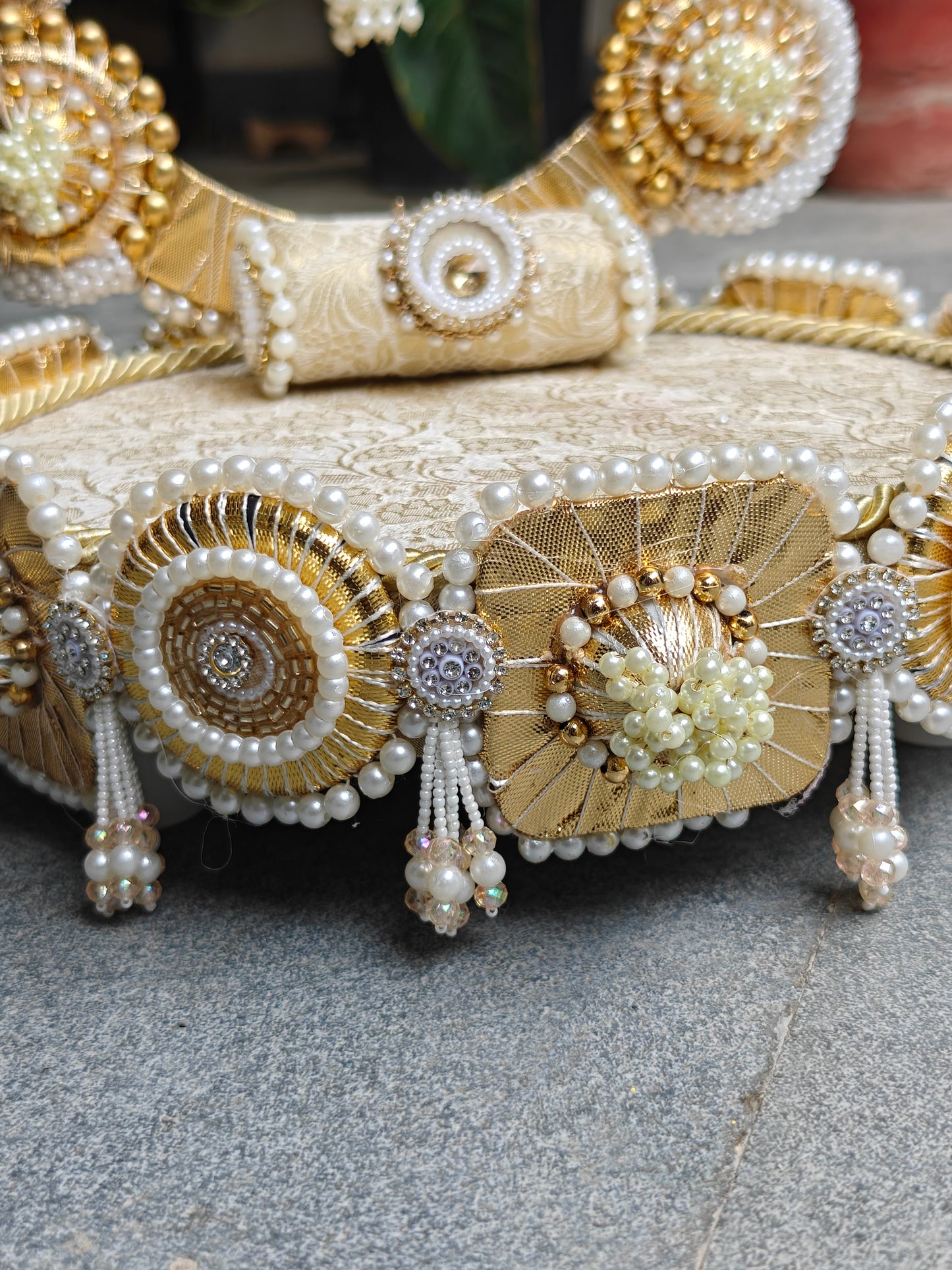 Pearl & Gold Beaded Singhaasan for Thakur Ji | Handcrafted Round Base with Detachable Backdrop (12 Inch)
