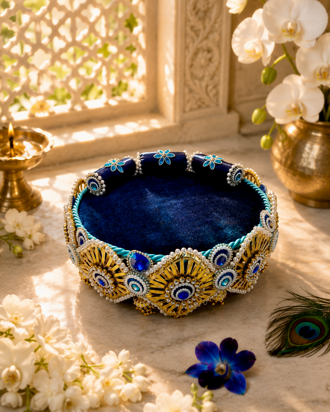 Navy Blue & Gold Singhaasan for Ladoo Gopal | Handcrafted MDF Deity Throne Base | Blue Teal Gold | 12 Inch Diameter