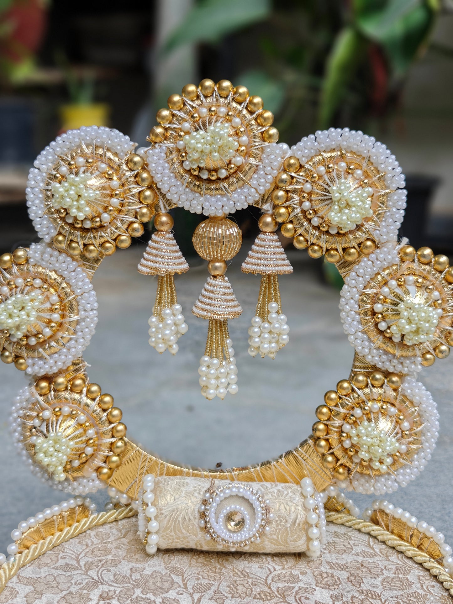 Pearl & Gold Beaded Singhaasan for Thakur Ji | Handcrafted Round Base with Detachable Backdrop (12 Inch)