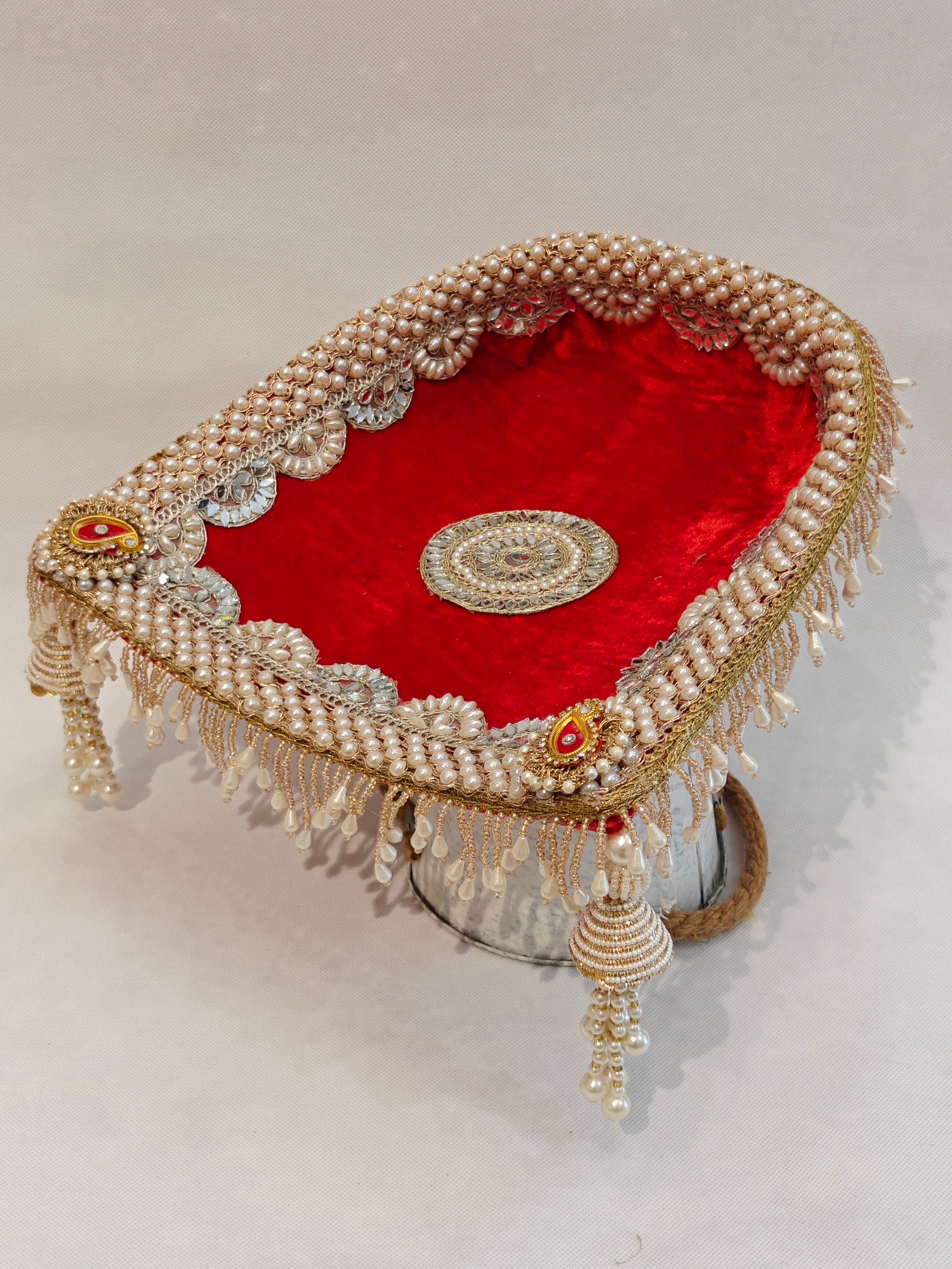 Small Soupda 8x7 inch with red velvet interior, pearl string border, gold zardozi medallion and cascading pearl bead fringes — handcrafted wedding puja tray by The Wedding Station