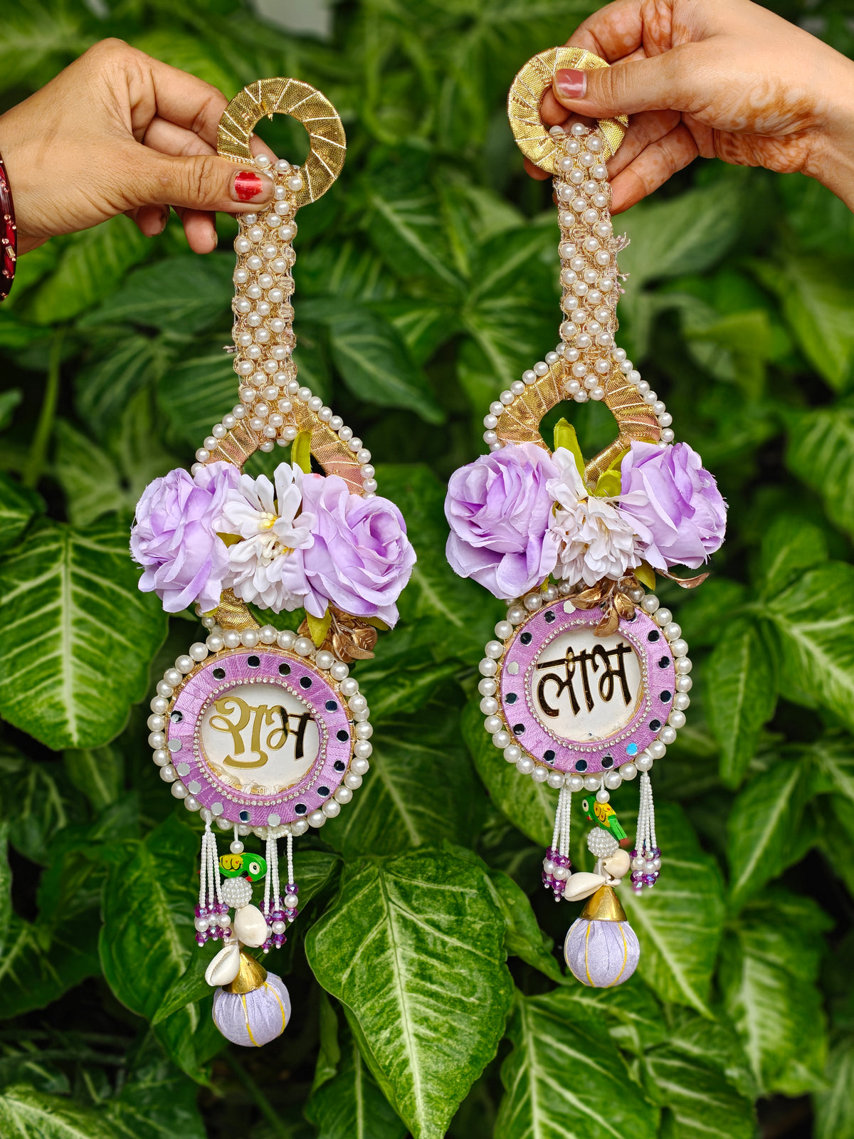 Lavender Shubh Laabh floral pearl wall hanging for Diwali festive home decor