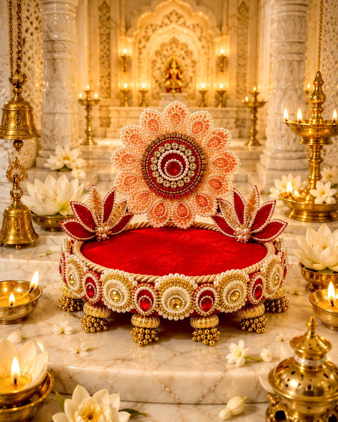 Peach & Red Lotus Singhaasan for Ladoo Gopal | Handcrafted MDF Deity Throne with Lotus Backdrop | Peach Red Gold | 8 Inch Base