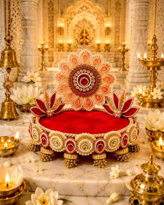 Peach & Red Lotus Singhaasan for Ladoo Gopal | Handcrafted MDF Deity Throne with Lotus Backdrop | Peach Red Gold | 8 Inch Base