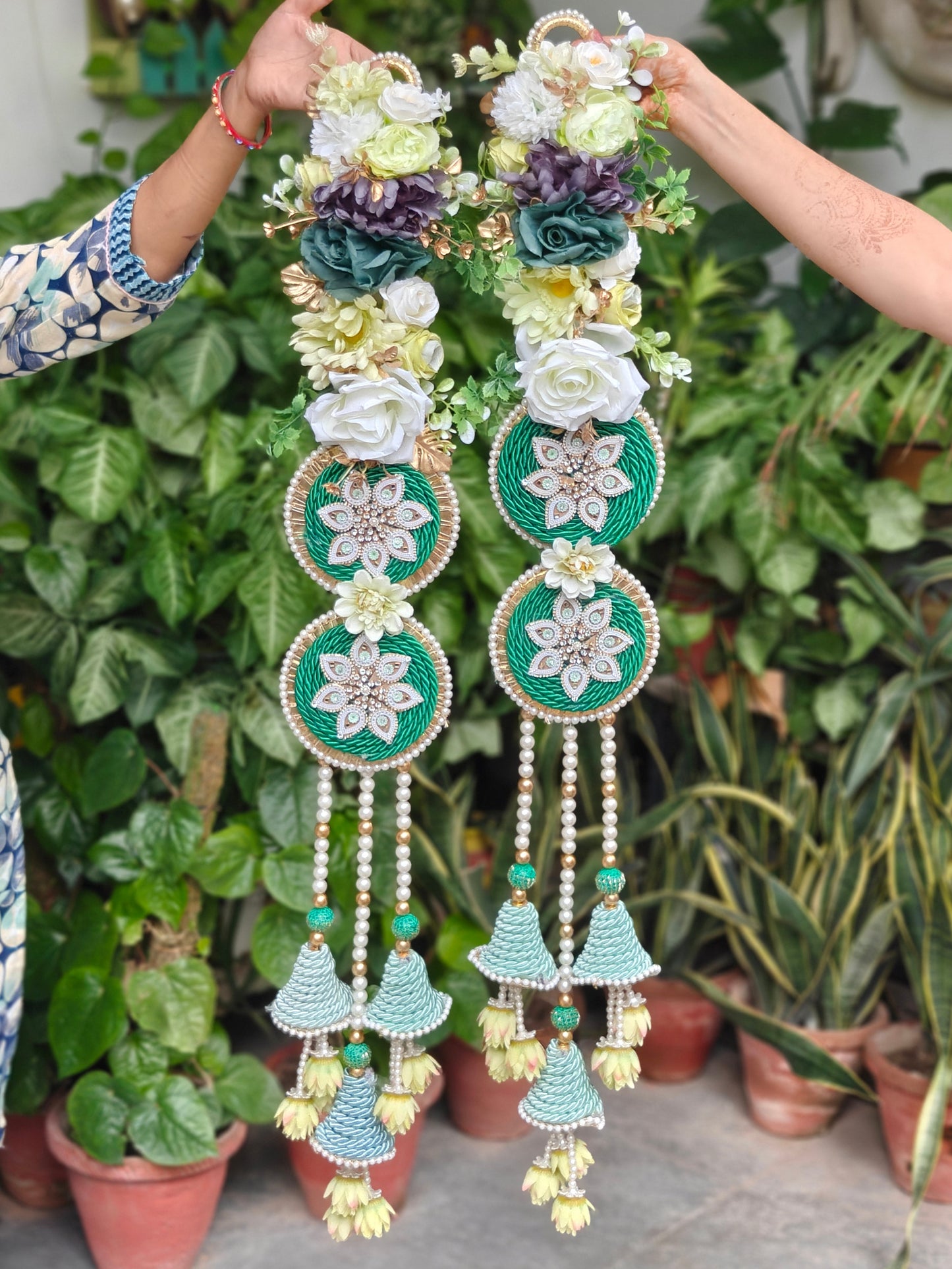 42-inch floral Diwali hanging with green embellished motifs, pearl detailing, pastel flowers and cascading tassels