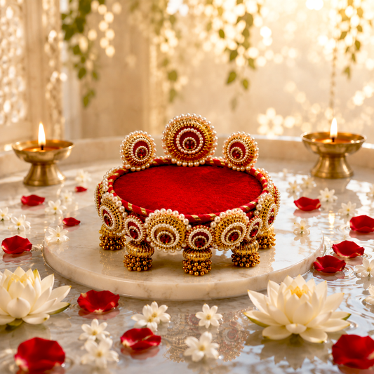 Peach & Red Mini Singhaasan for Ladoo Gopal | Handcrafted MDF Deity Throne with Lotus Backdrop | Peach Red Gold | 6 Inch Base