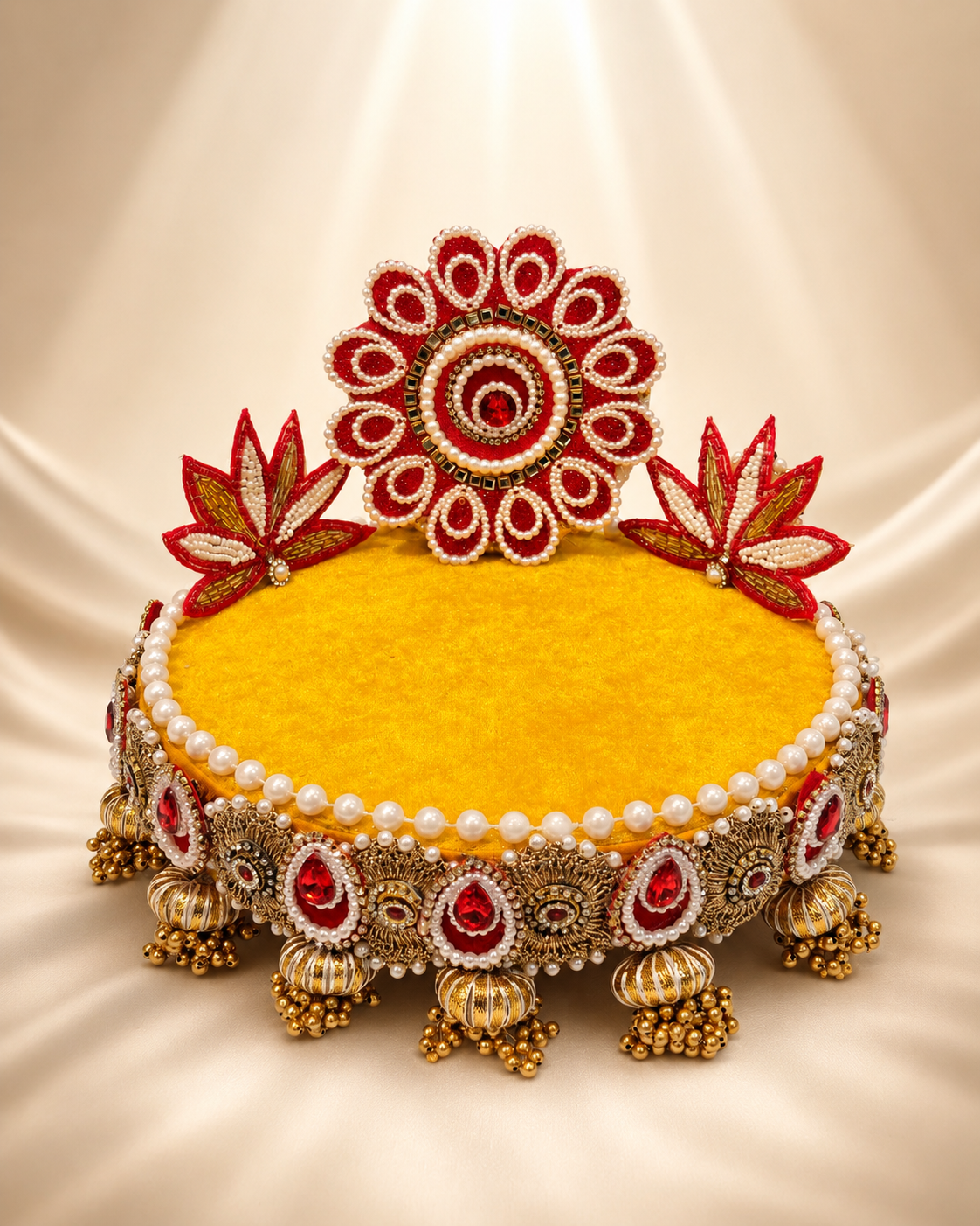 Red & Yellow Lotus Singhaasan for Ladoo Gopal | Handcrafted MDF Deity Throne with Lotus Backdrop | Red Gold | 8 Inch Base