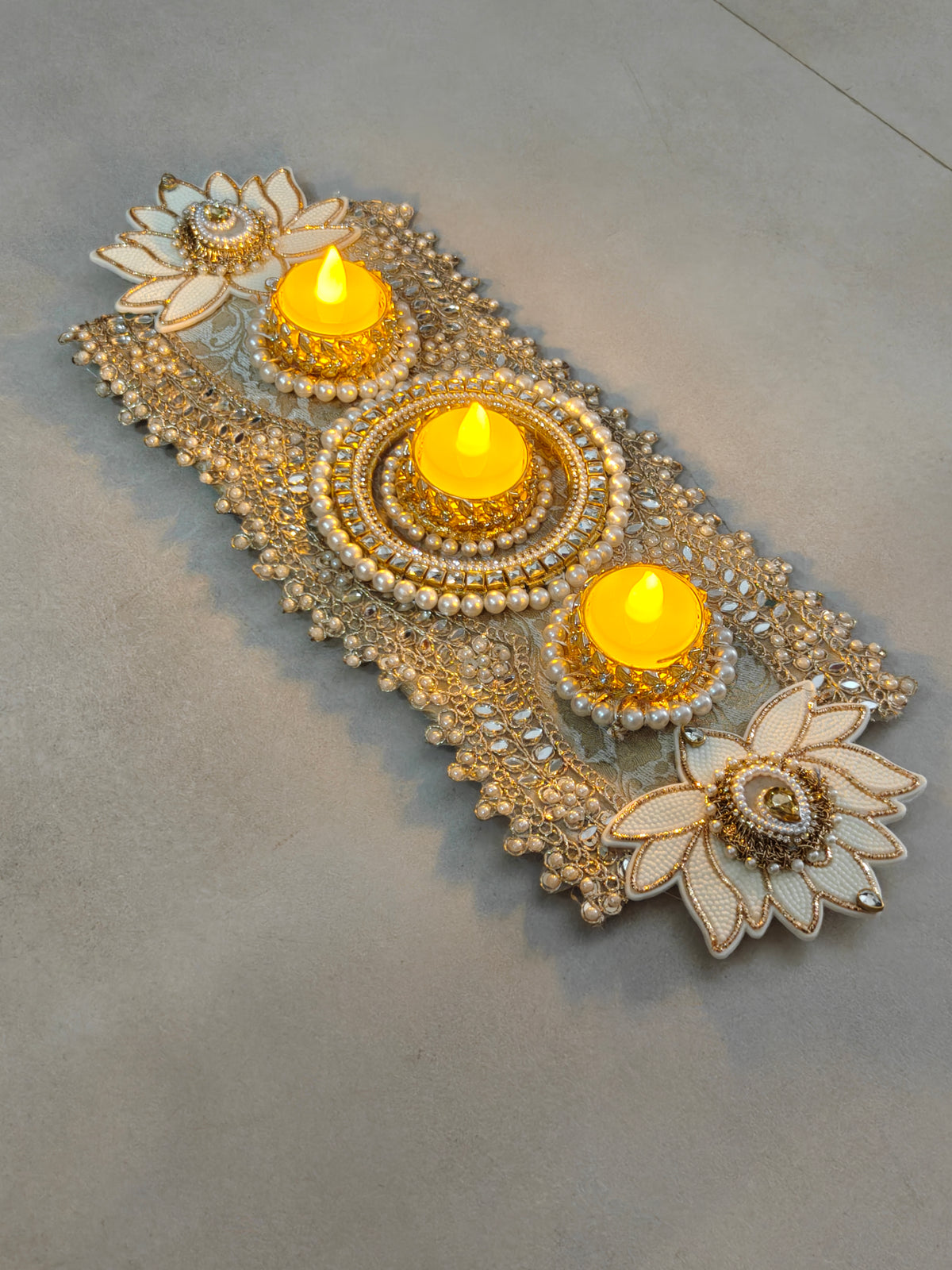 Lotus and Mirror work Table Mat with 3 Tealight Holders