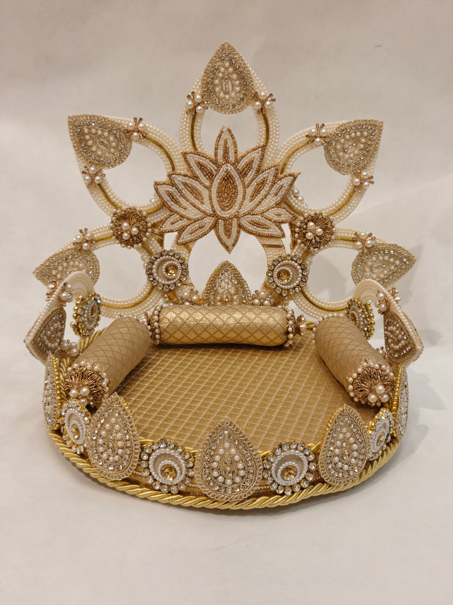 Full front view of handcrafted gold lotus Singhaasan for Ladoo Gopal — 12 inch MDF deity throne with detachable pearl lotus backdrop, gem medallion arch and teardrop border by The Wedding Station