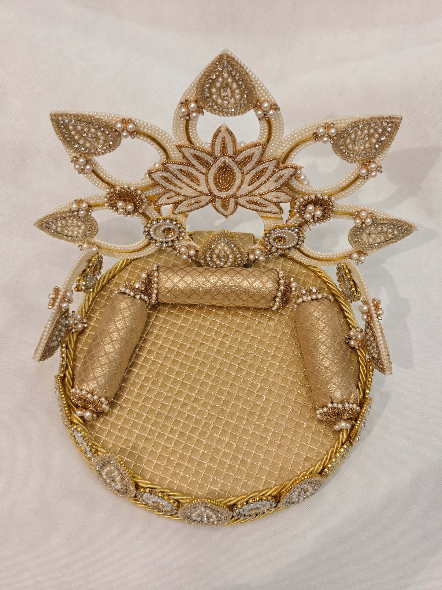 Gold Lotus Singhaasan for Ladoo Gopal | Handcrafted MDF Deity Throne with Detachable Backdrop | Ivory & Gold | 12 Inch