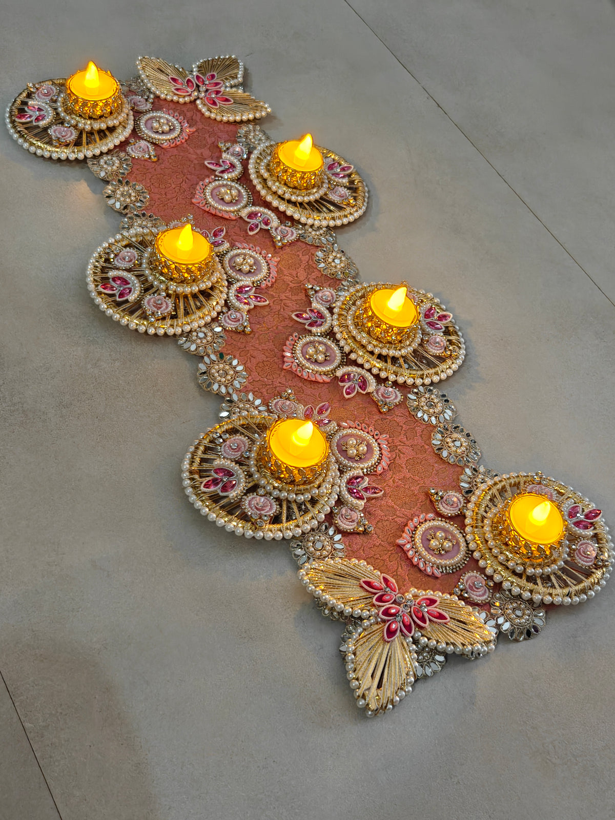 Peach Table Runner with Mirror and Pearls for Diwali Table Decor