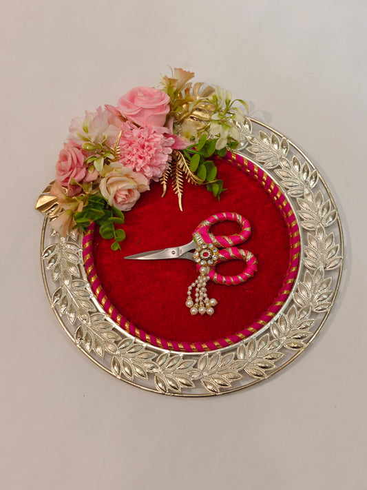 Designer Ribbon Cutting Plate for Inauguration, Wedding & Puja- Pink Flowers