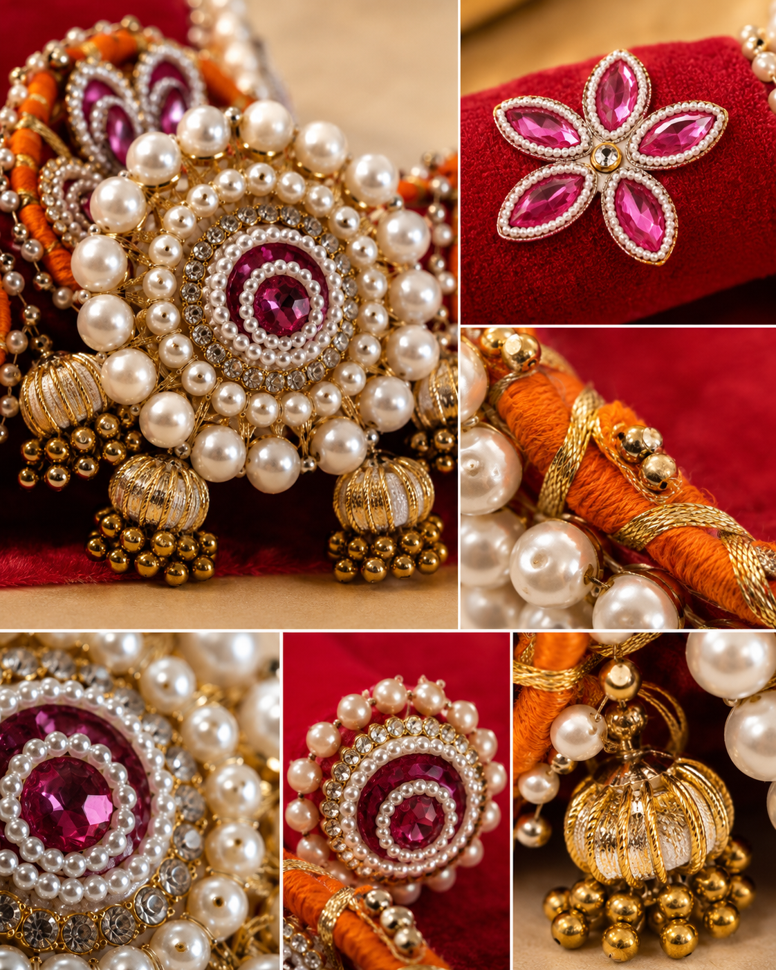 Close-up detail collage of orange rani pink Singhaasan — rani pink fuchsia gem sunburst medallion, pearl-ringed rhinestone border, orange zari coil work, gem flower bolster cushion and gold ghungroo tassel drops by The Wedding Station