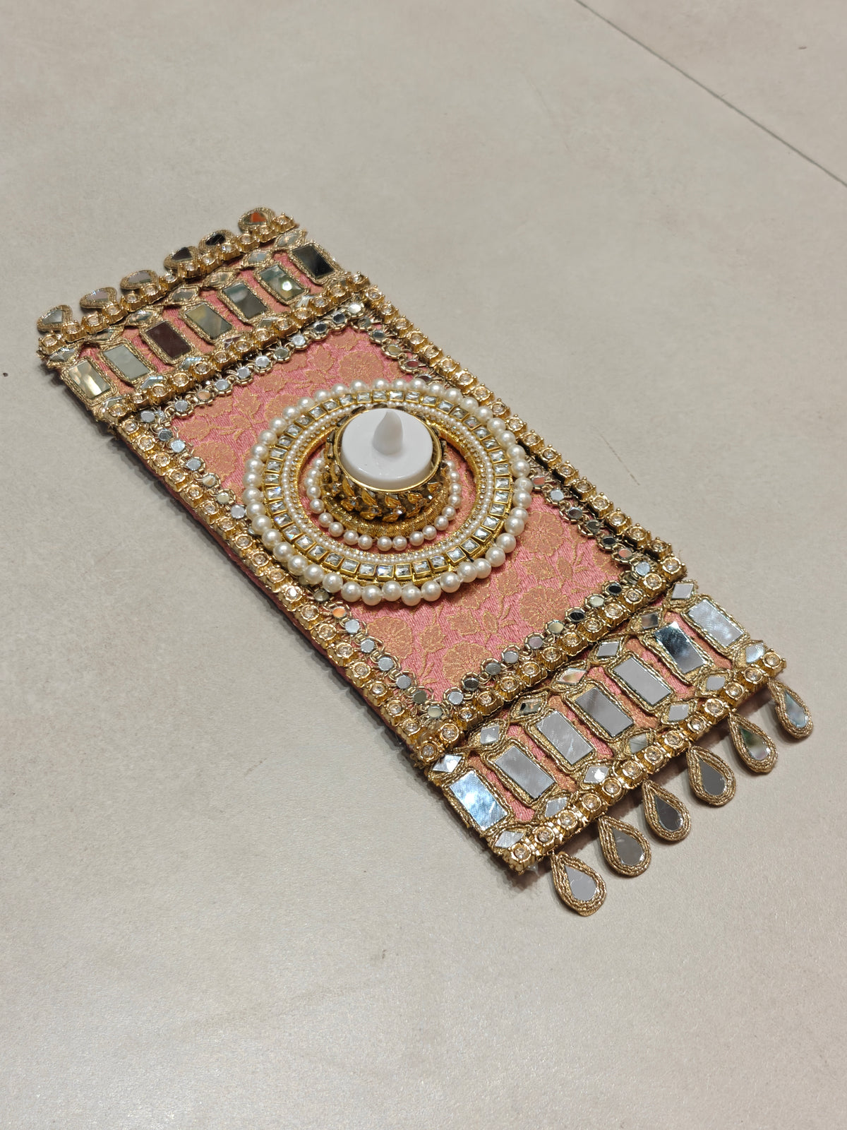 Peach Mirror Work Table Mat with Diya