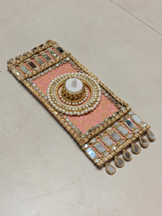 Peach Mirror Work Table Mat with Diya