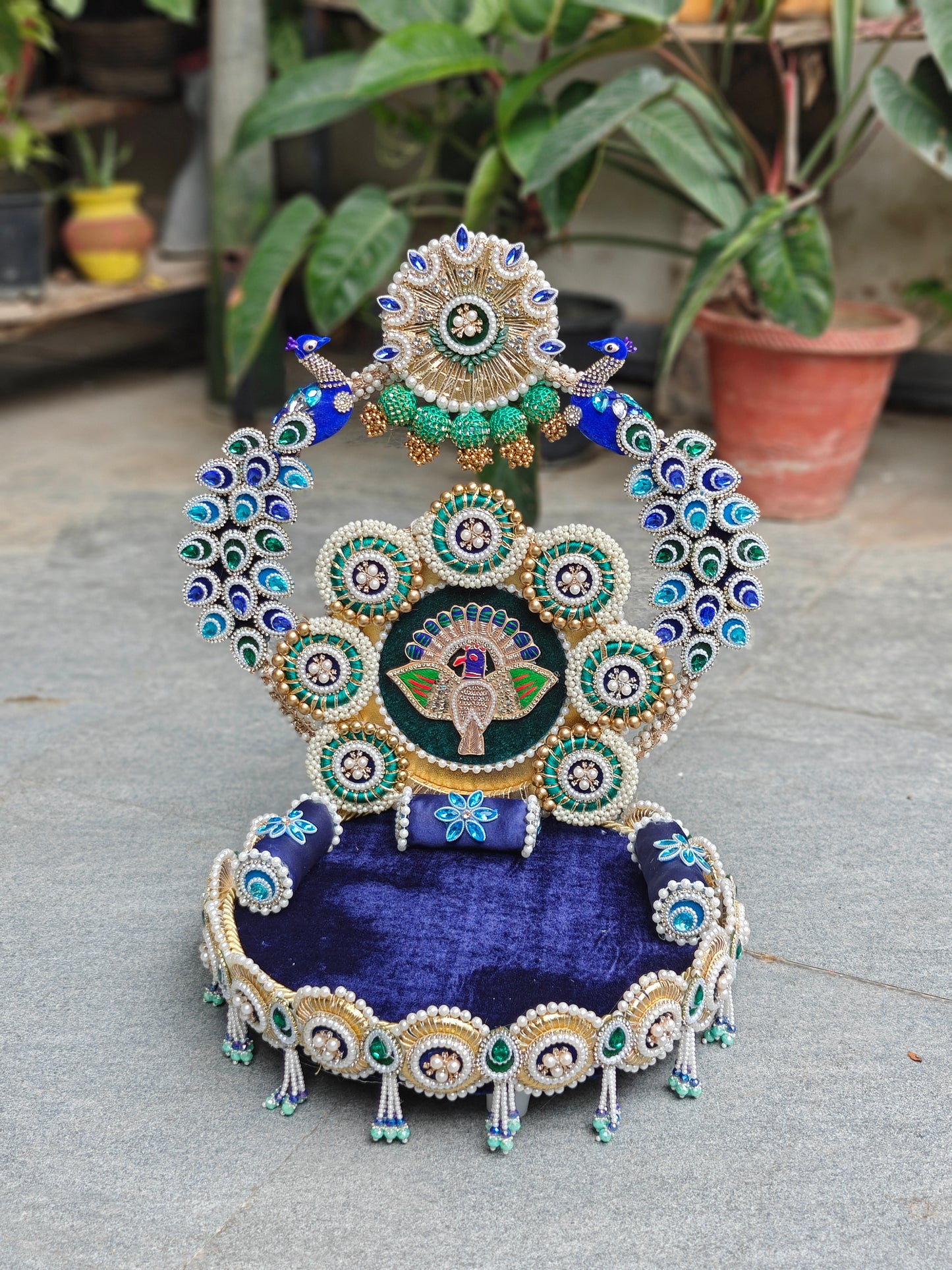 Royal peacock pearl Singhaasan for Thakur ji with detachable crown backdrop and blue velvet seat