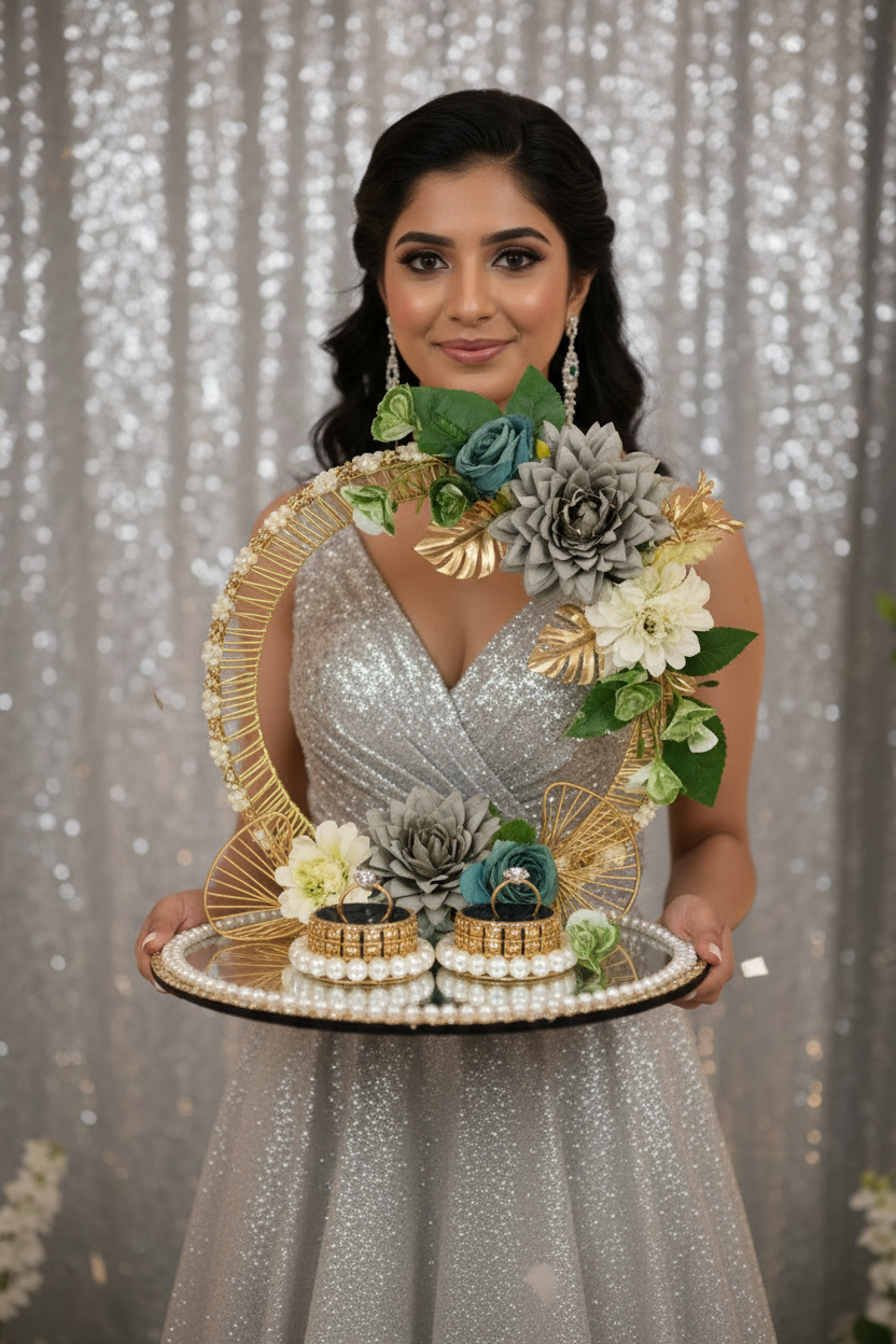 Handcrafted ring ceremony platter with 11-inch mirror MDF base, gold crescent arch, sage green and grey silk flowers, teal roses, pearl-bordered tray, and pearl ring holders — by The Wedding Station