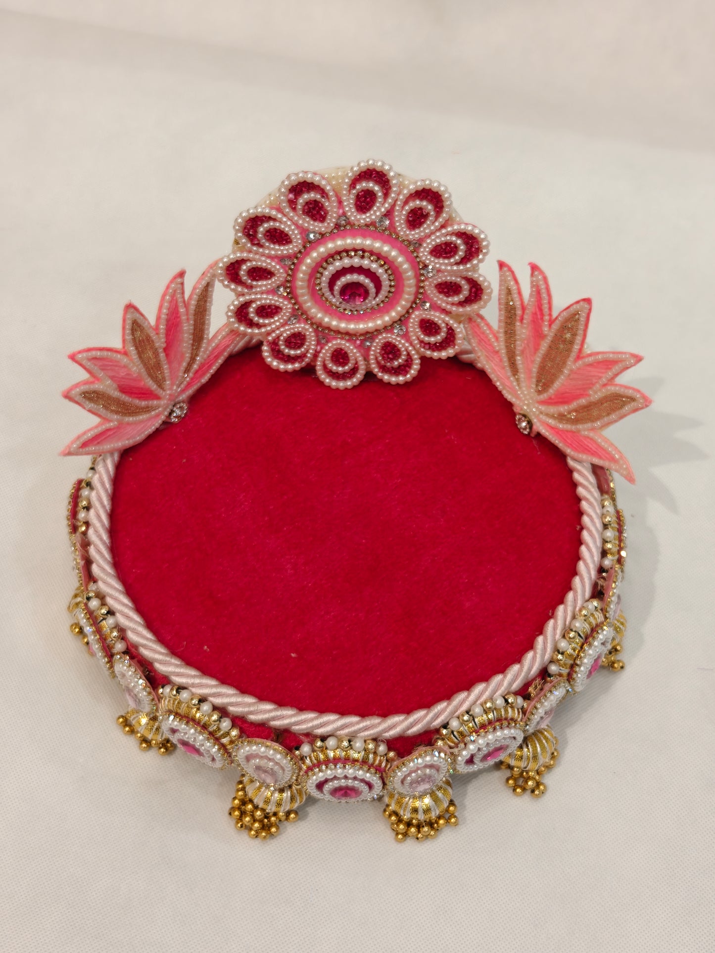 Pink Lotus Singhaasan for Ladoo Gopal | Handcrafted MDF Deity Throne with Lotus Backdrop | Pink & Gold | 8 Inch Base