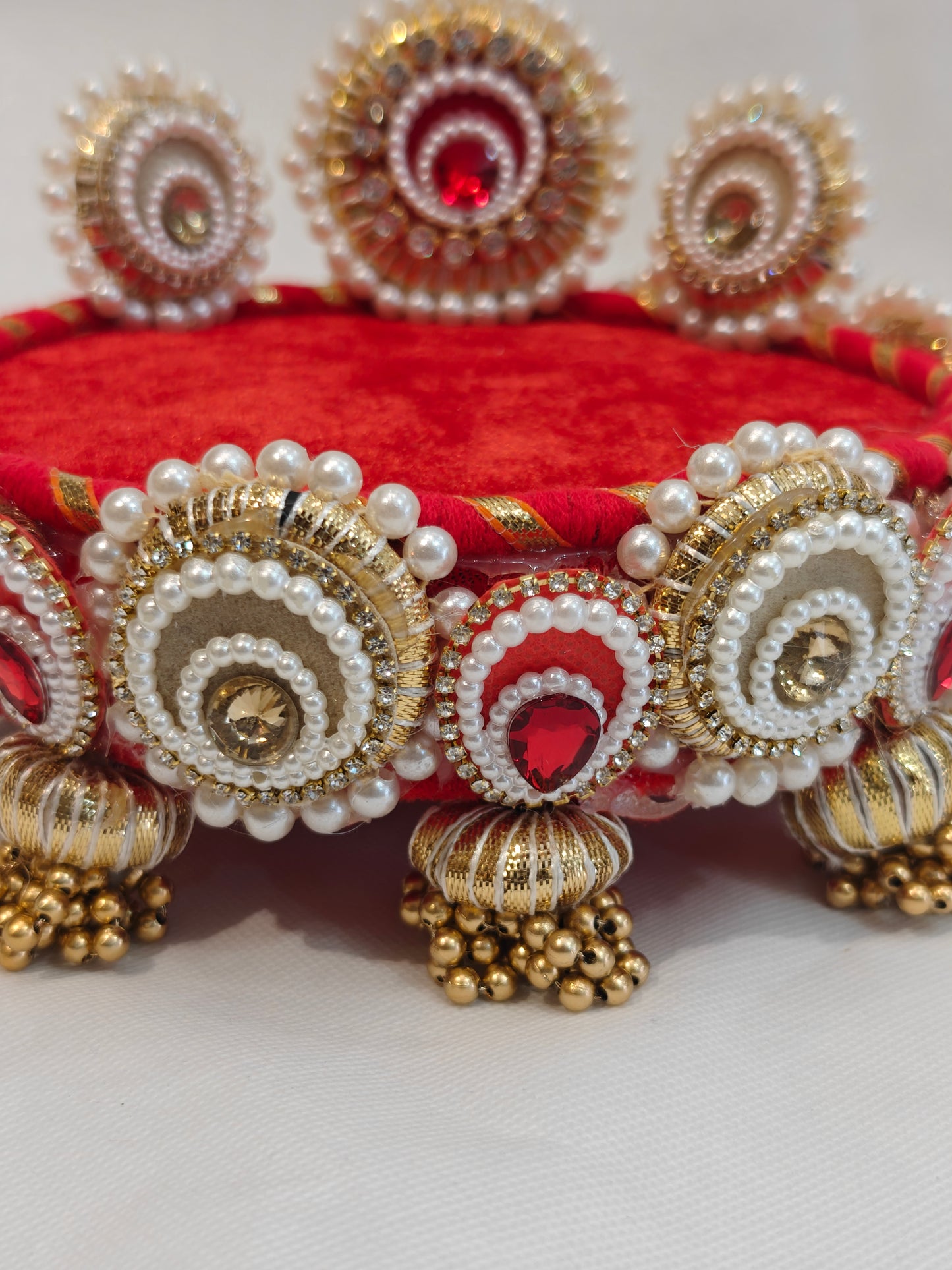 Peach & Red Lotus Singhaasan for Ladoo Gopal | Handcrafted MDF Deity Throne with Lotus Backdrop | Peach Red Gold | 6 Inch Base