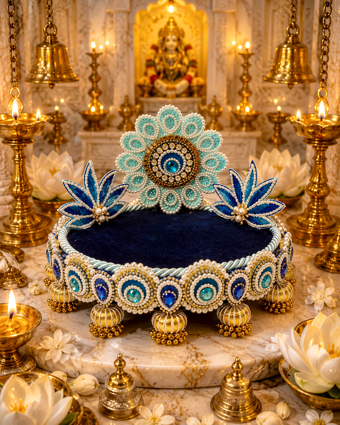 Teal Blue Lotus Singhaasan for Ladoo Gopal | Handcrafted MDF Deity Throne with Lotus Backdrop | Teal Blue Gold | 8 Inch Base