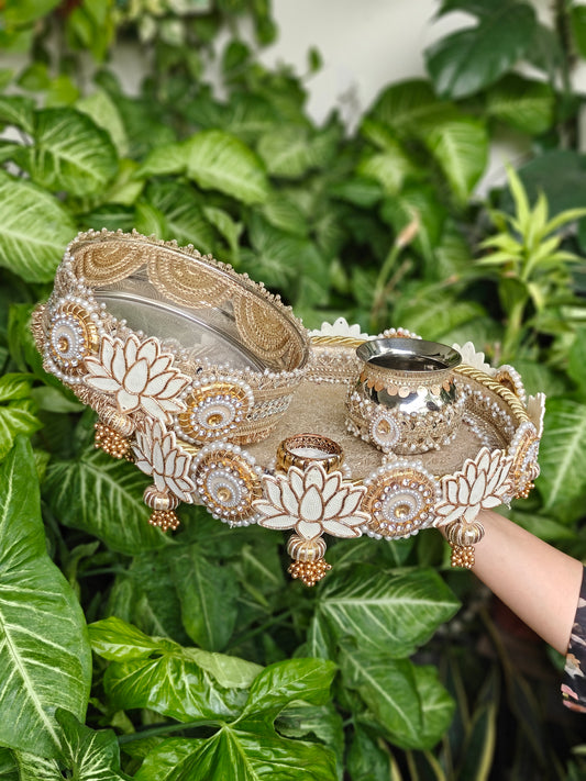 Kamal Rajsi Ivory Gold Karva Chauth Thali Set with Steel Channi & Kalash