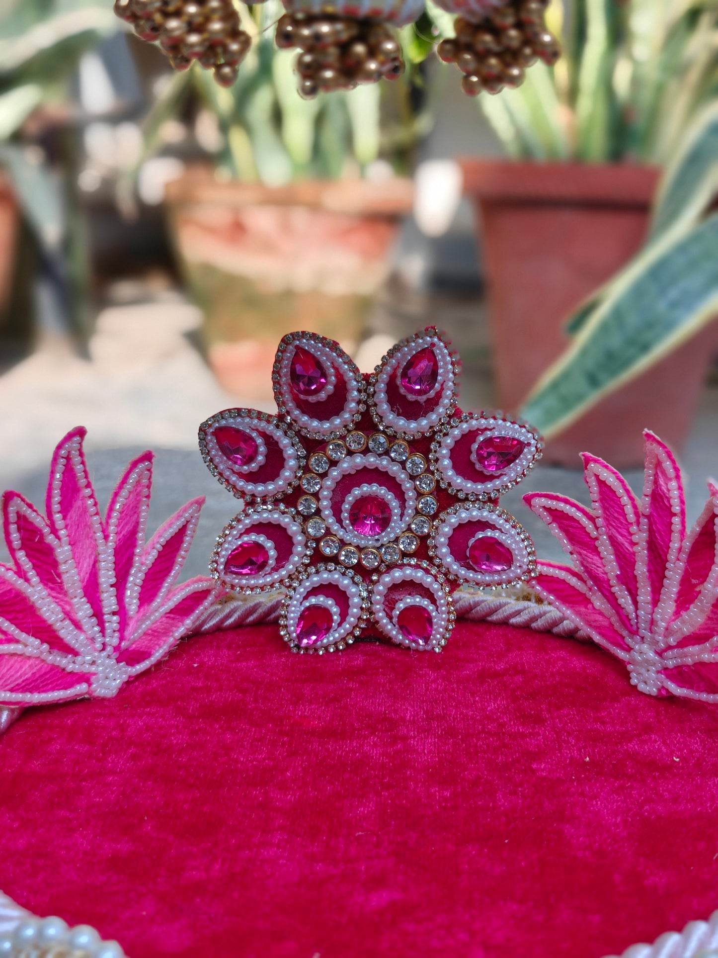 Royal Jhula & Singhasan for Ladoo Gopal | The Royal Collection | 2-in-1 Handcrafted Rani Pink & Teal Velvet Swing with Detachable Singhasan, Lotus Patra & Pearl Embellishments | 16 Inch Kanha Jhula