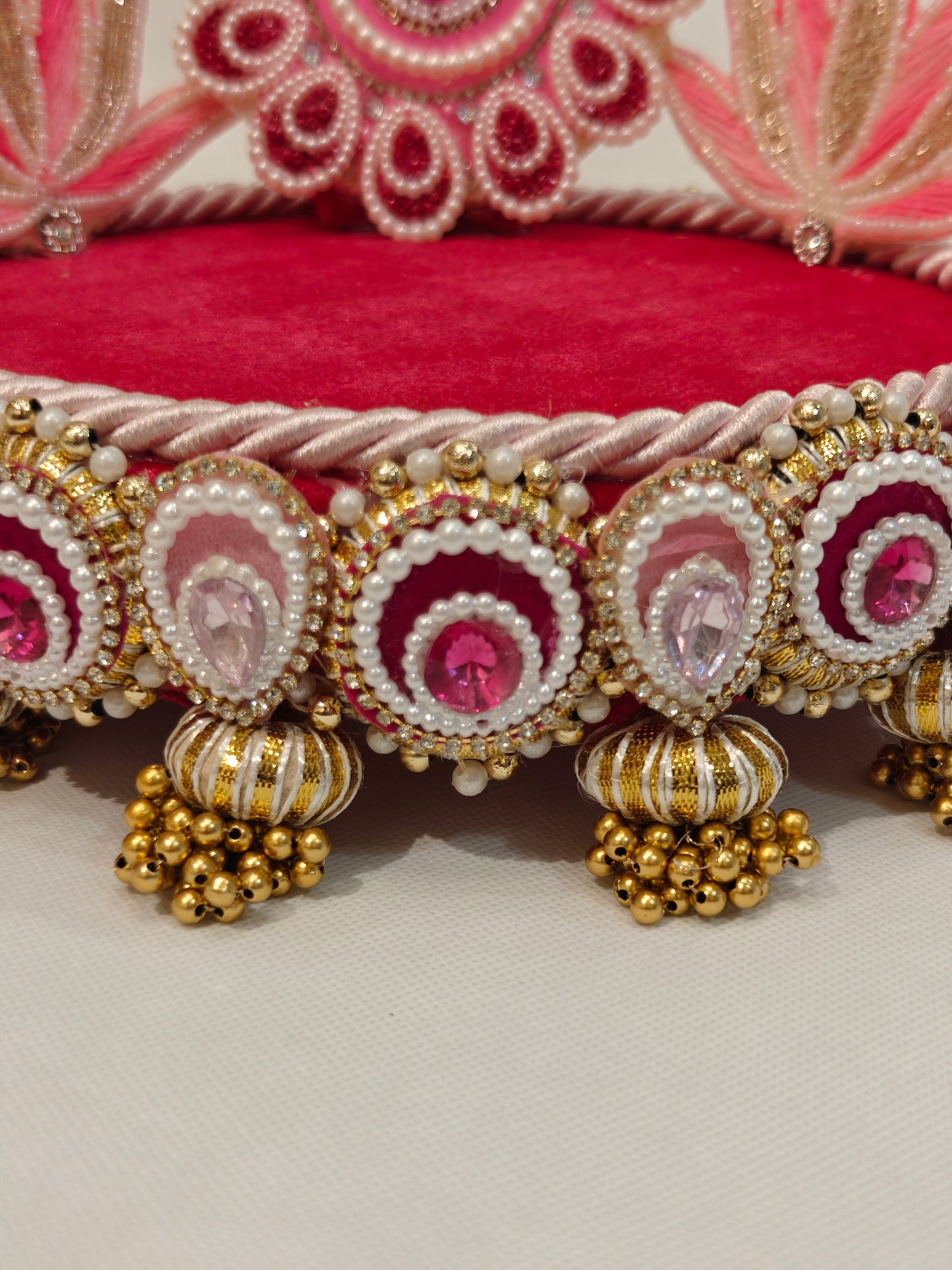 Pink Lotus Singhaasan for Ladoo Gopal | Handcrafted MDF Deity Throne with Lotus Backdrop | Pink & Gold | 8 Inch Base