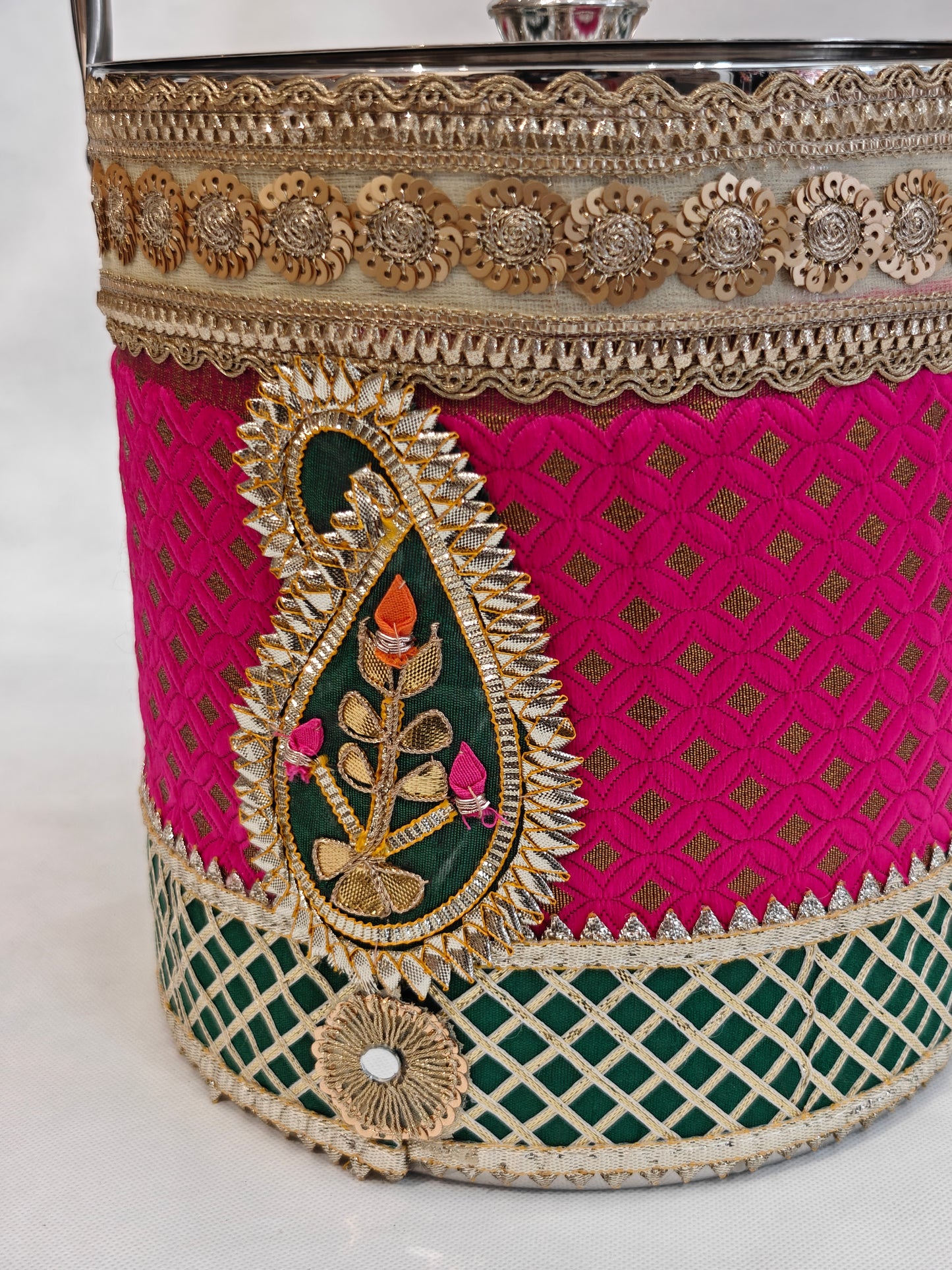 Decorated Stainless Steel Bucket with Handle for Indian Wedding | Pink & Green Brocade with Kundan Paisley & Gota Lid | 8.25 Inch | Trousseau & Gifting