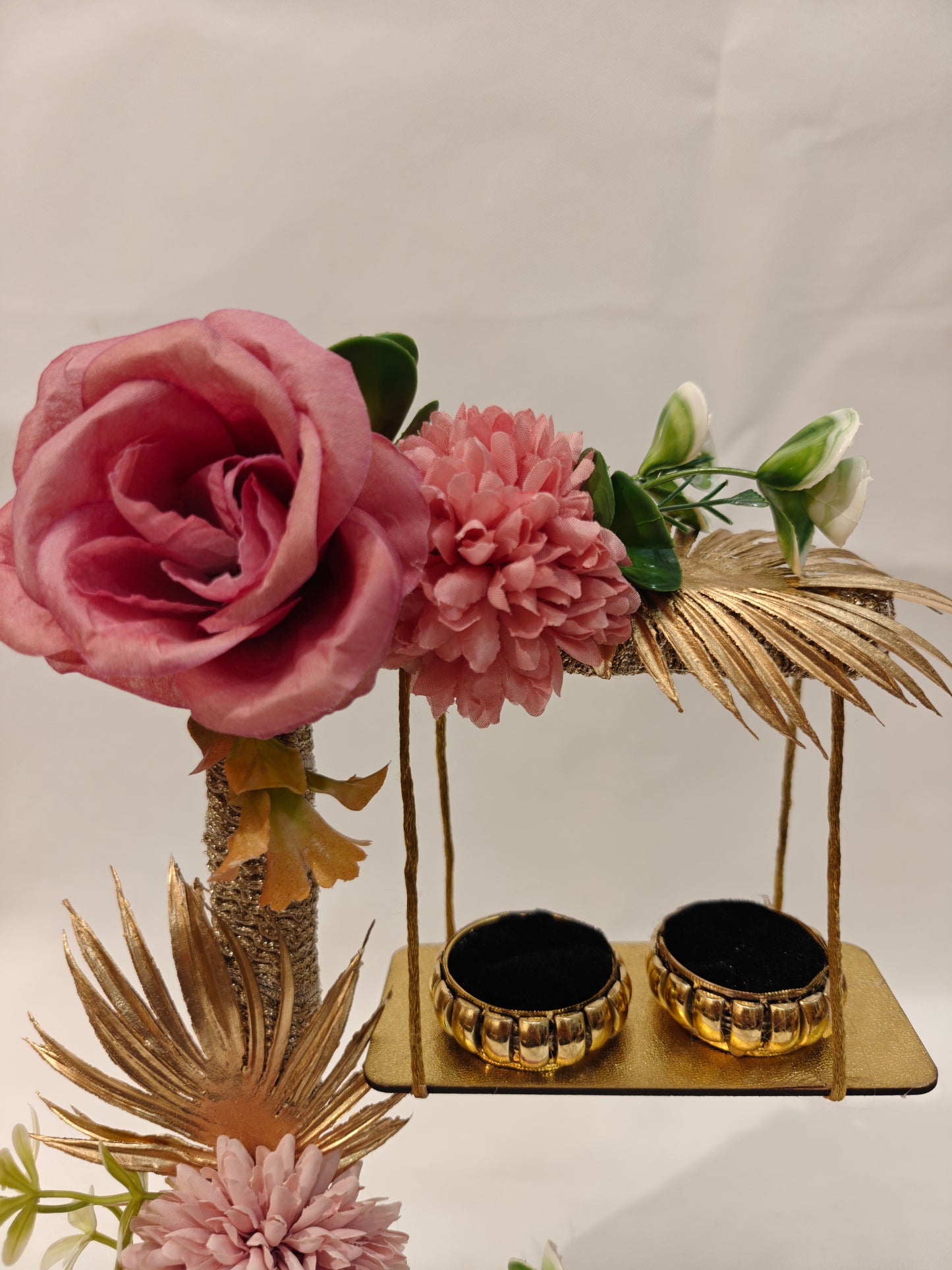 2-Tier Floral Ring Ceremony Stand — Dusty Rose & Mauve | Wooden Ring Platter with Holders | The Wedding Station
