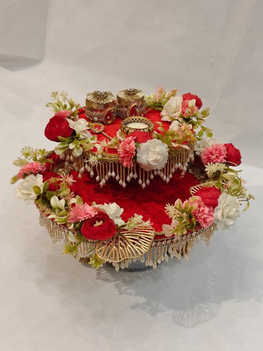 Designer Double Decker Velvet Pooja Thaali Set with Roli Chawal Boxes & Diya – Wedding & Festive Pooja Platter