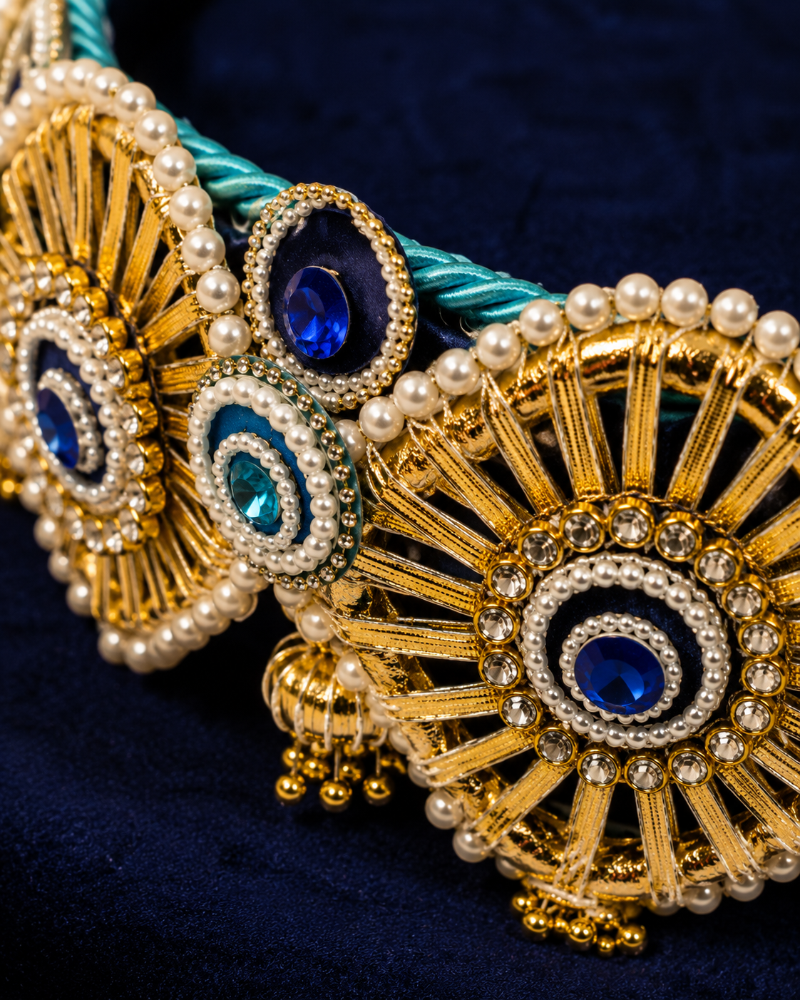 Close-up of navy blue gold Singhaasan border — gold wire sunburst medallion with sapphire blue and teal gem cabochons, concentric pearl rhinestone rings and powder blue rope trim by The Wedding Station