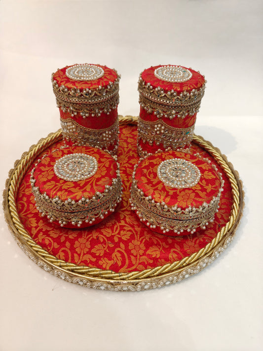 Royal Wedding Mewa & Mithai Platter Set with Decorated Steel Boxes- Red