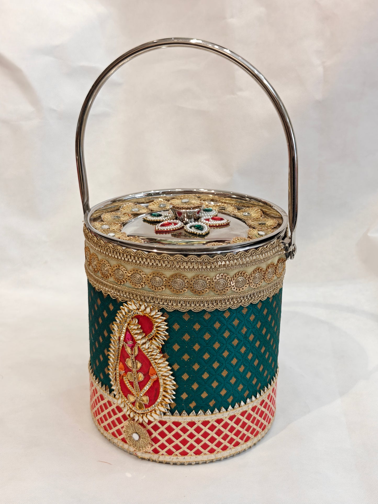 Decorated Stainless Steel Bucket with Handle for Indian Wedding | Green & Red Brocade with Kundan Paisley & Zardozi Lid | 8.25 Inch | Trousseau & Gifting