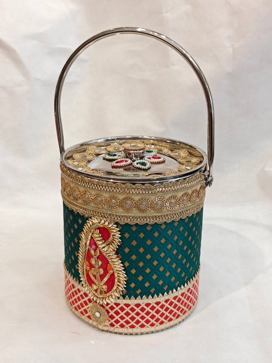 Decorated Stainless Steel Bucket with Handle for Indian Wedding | Green & Red Brocade with Kundan Paisley & Zardozi Lid | 8.25 Inch | Trousseau & Gifting