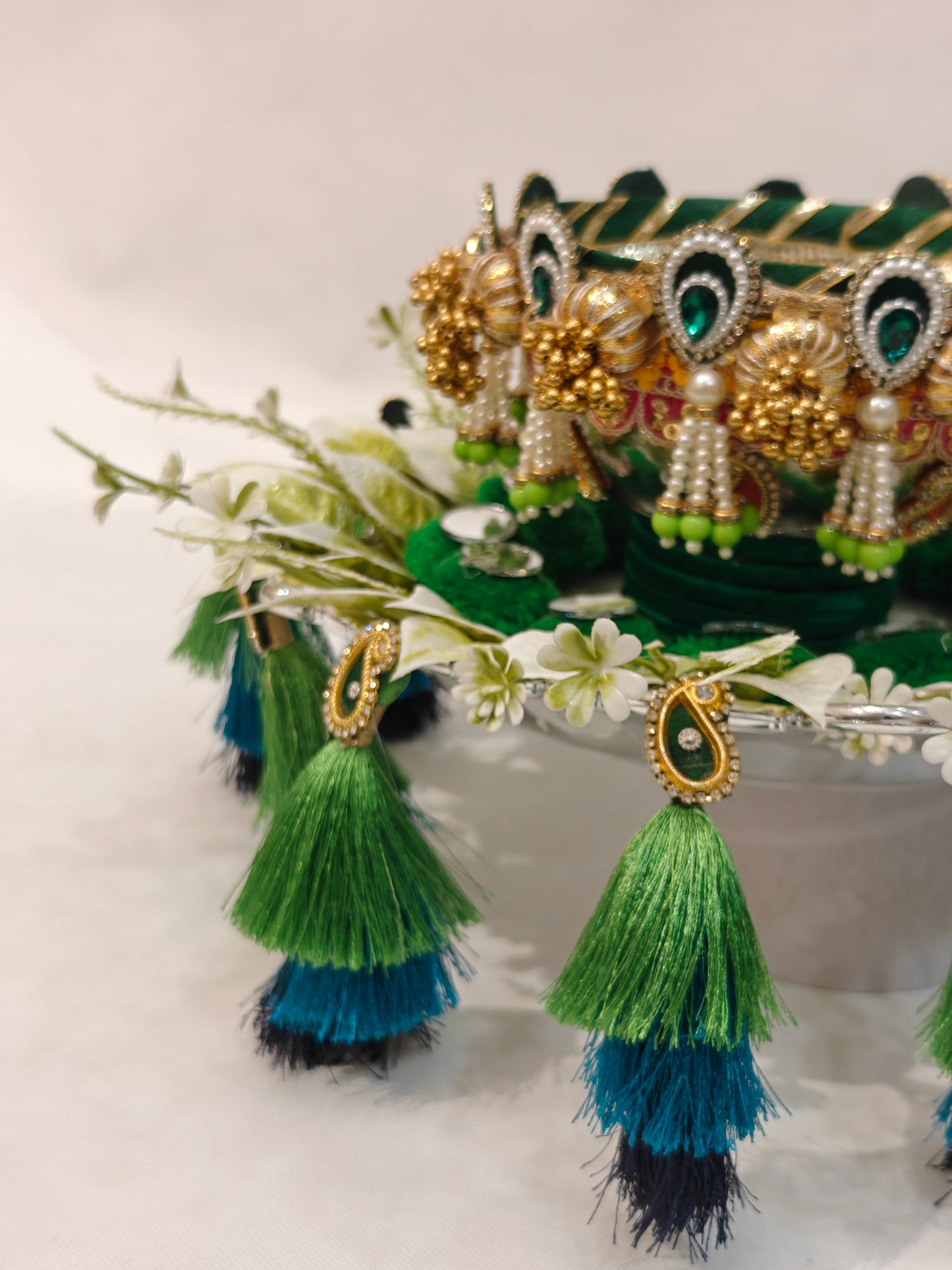 Decorative Mehendi Ceremony Platter | 12" Plastic Base | 6" Metal Mehendi Bowl | Peacock Green Tassel & Pearl Embellished | White Floral Ring | Wedding Ritual Thali