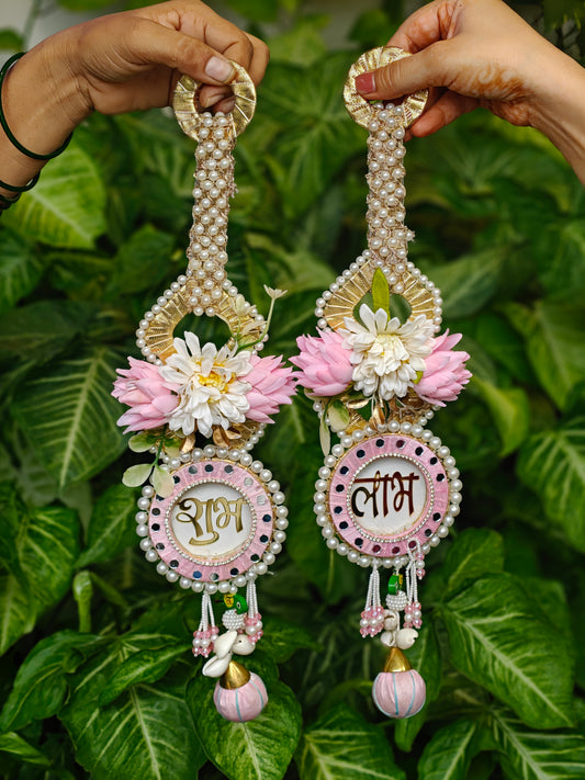 Pink Shubh Laabh floral pearl wall hanging for Diwali festive home decor