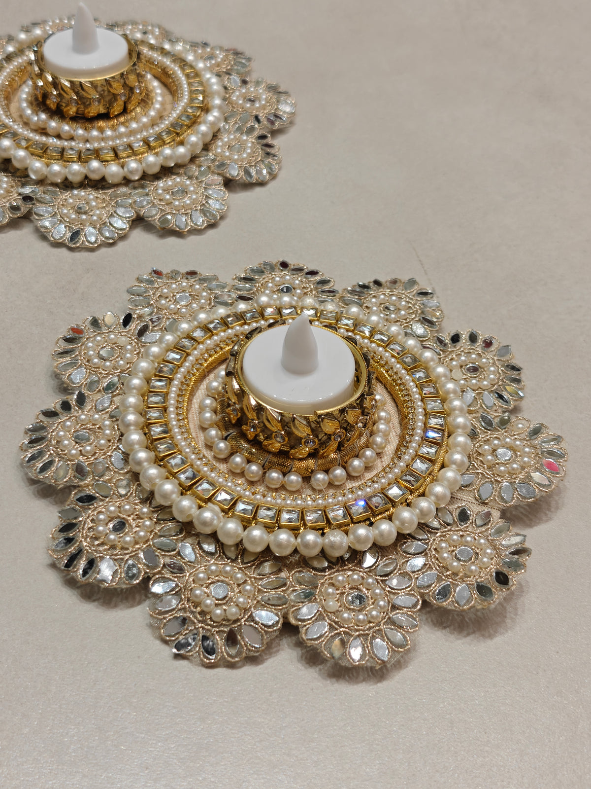 Mirror-Kundan set of 2 Tealight Holders