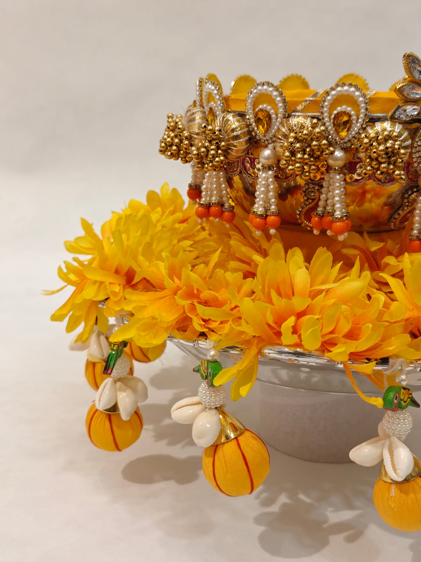 Decorative Haldi Platter with Metal Bowl | 12" Plastic Base | 6" Metal Haldi Bowl | Marigold Flower & Pearl Tassel | Haldi Ceremony Essentials | Wedding Ritual Thali
