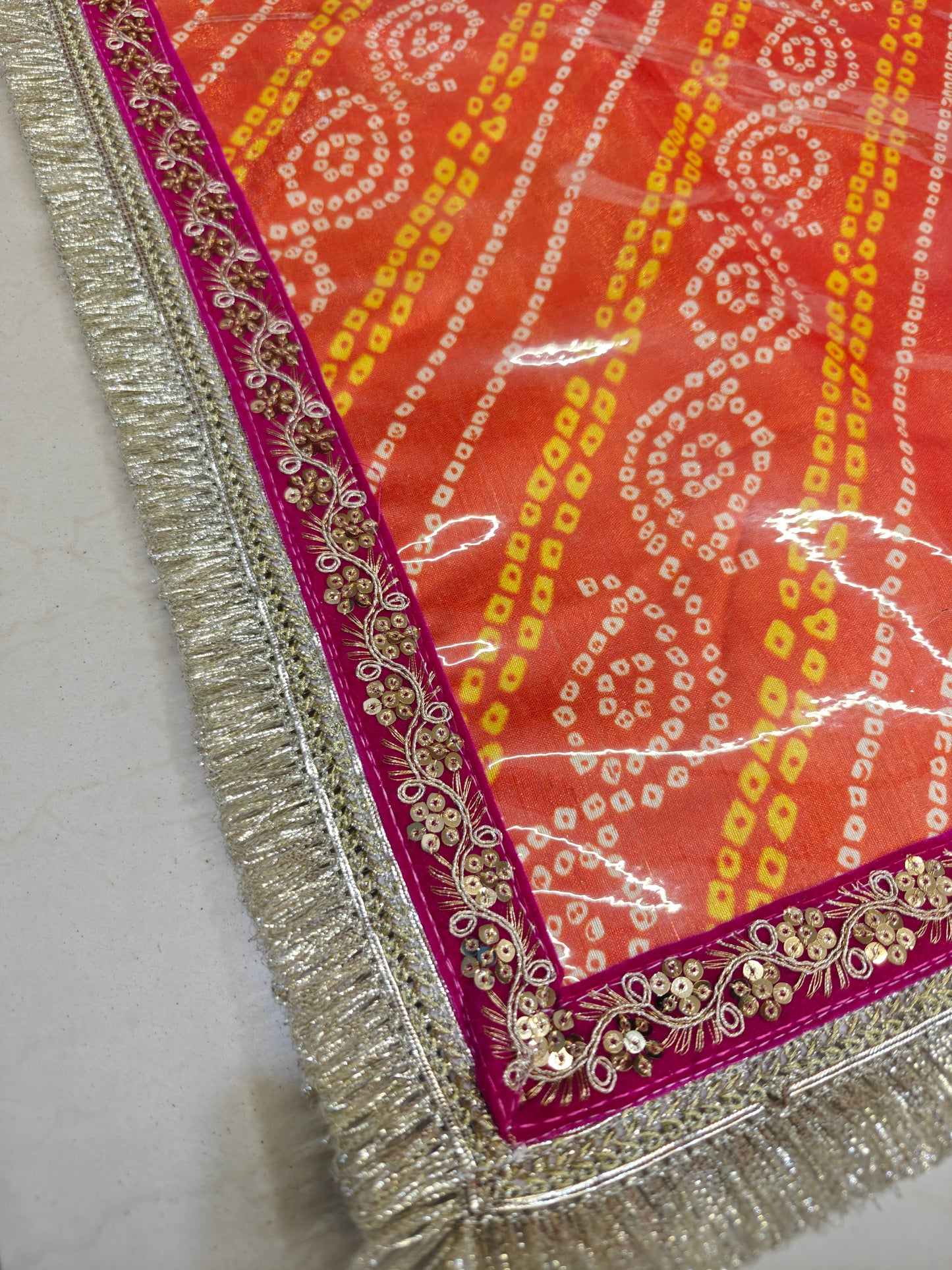 Bandhani Mangodi Mat for Indian Wedding Rituals | Orange Dupian Silk with PVC Cover & Zari Fringe | 20×20 Inches