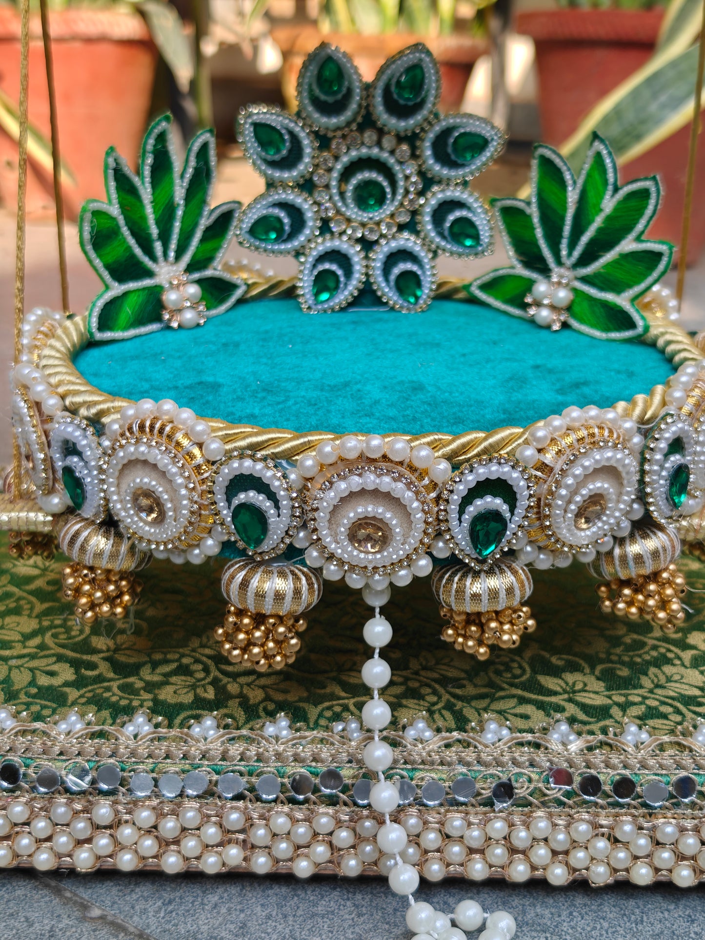 Royal Emerald Jhula & Singhasan for Ladoo Gopal | The Royal Collection | 2-in-1 Handcrafted Emerald Green & Crimson Velvet Swing with Detachable Singhasan, Brocade Base & Pearl Embellishments | 16 Inch Kanha Jhula