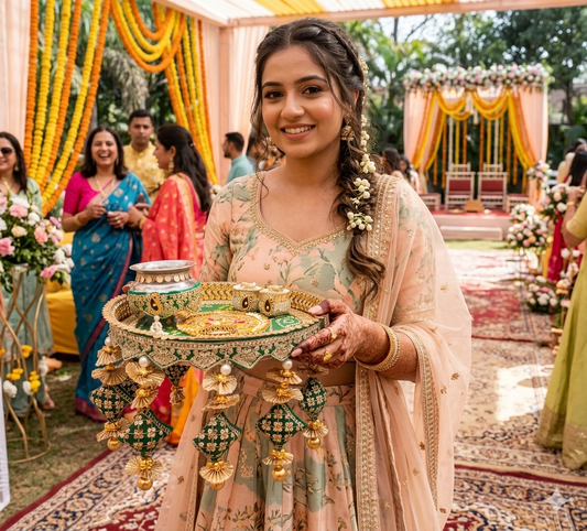 Green Pooja Thali for Wedding & Festive Rituals/ Designer Pooja Thali Set / The Wedding Station