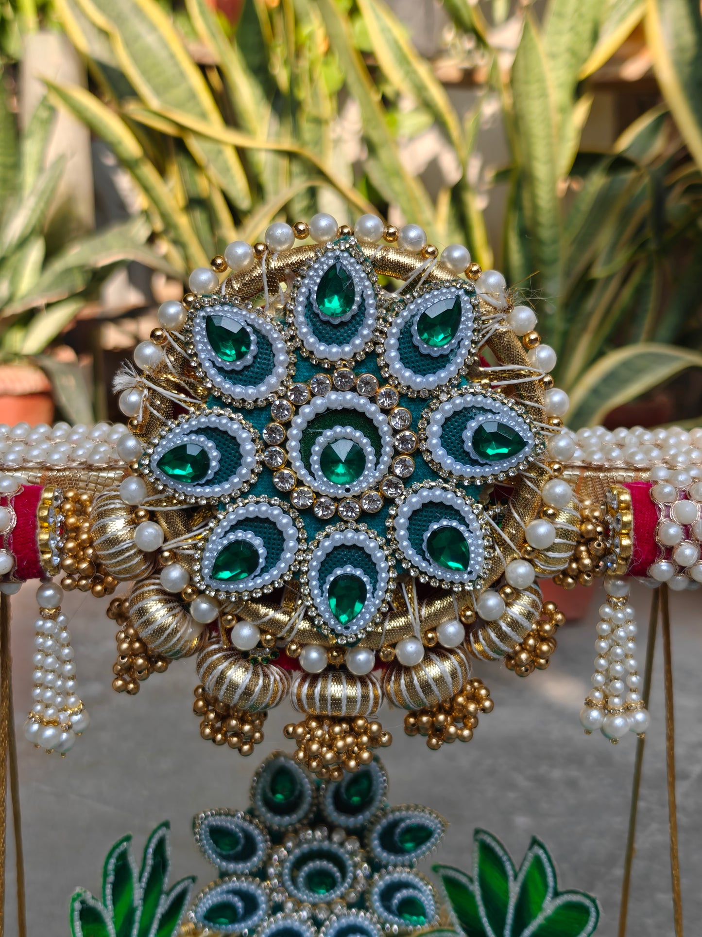 Royal Emerald Jhula & Singhasan for Ladoo Gopal | The Royal Collection | 2-in-1 Handcrafted Emerald Green & Crimson Velvet Swing with Detachable Singhasan, Brocade Base & Pearl Embellishments | 16 Inch Kanha Jhula