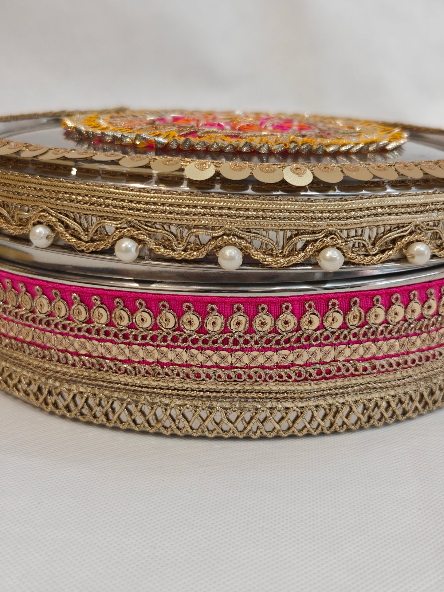 Decorated Stainless Steel Storage Box for Indian Wedding | Pink & Gold Zardozi Lid | Pearl & Sequin Embellished | 8.5 Inch | Trousseau & Gifting
