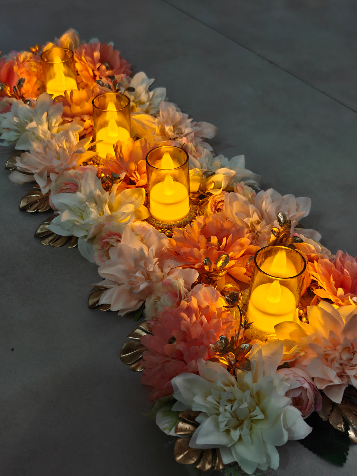Peach Floral Table Runner with Candles for Diwali Table Decor