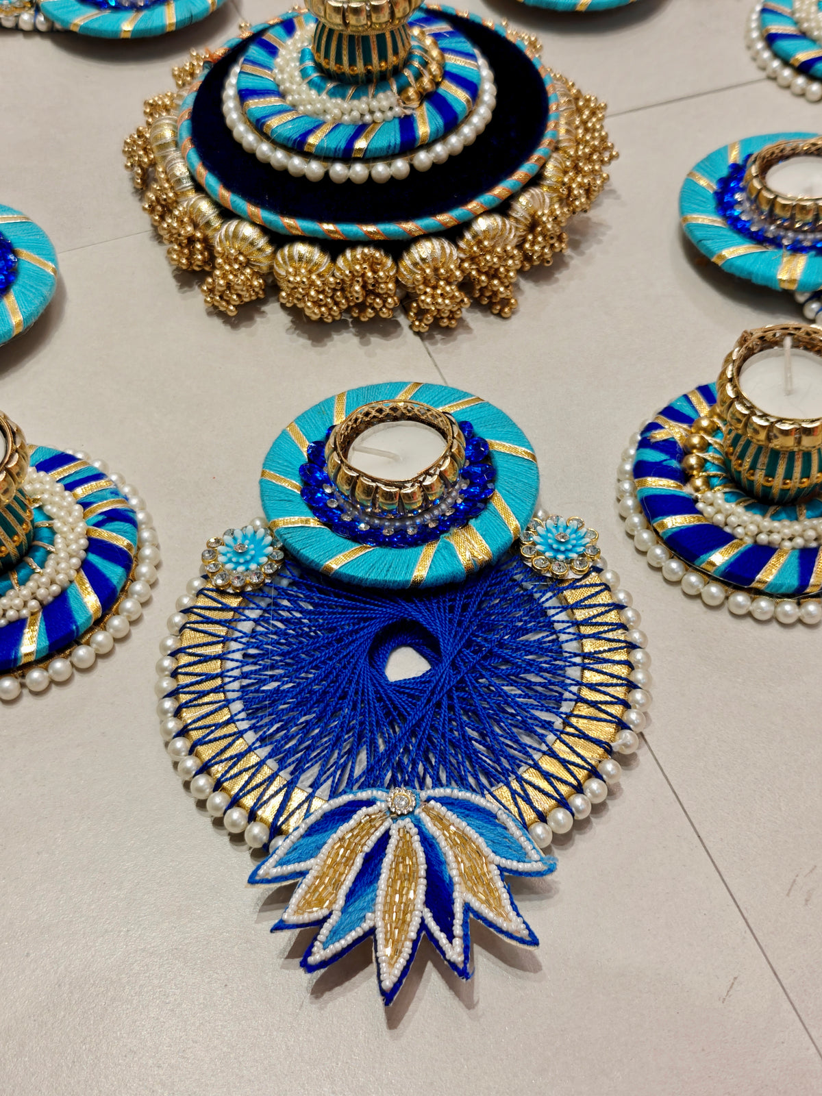 Turquoise & Royal Blue Thread Rangoli Set with Tealight Holders