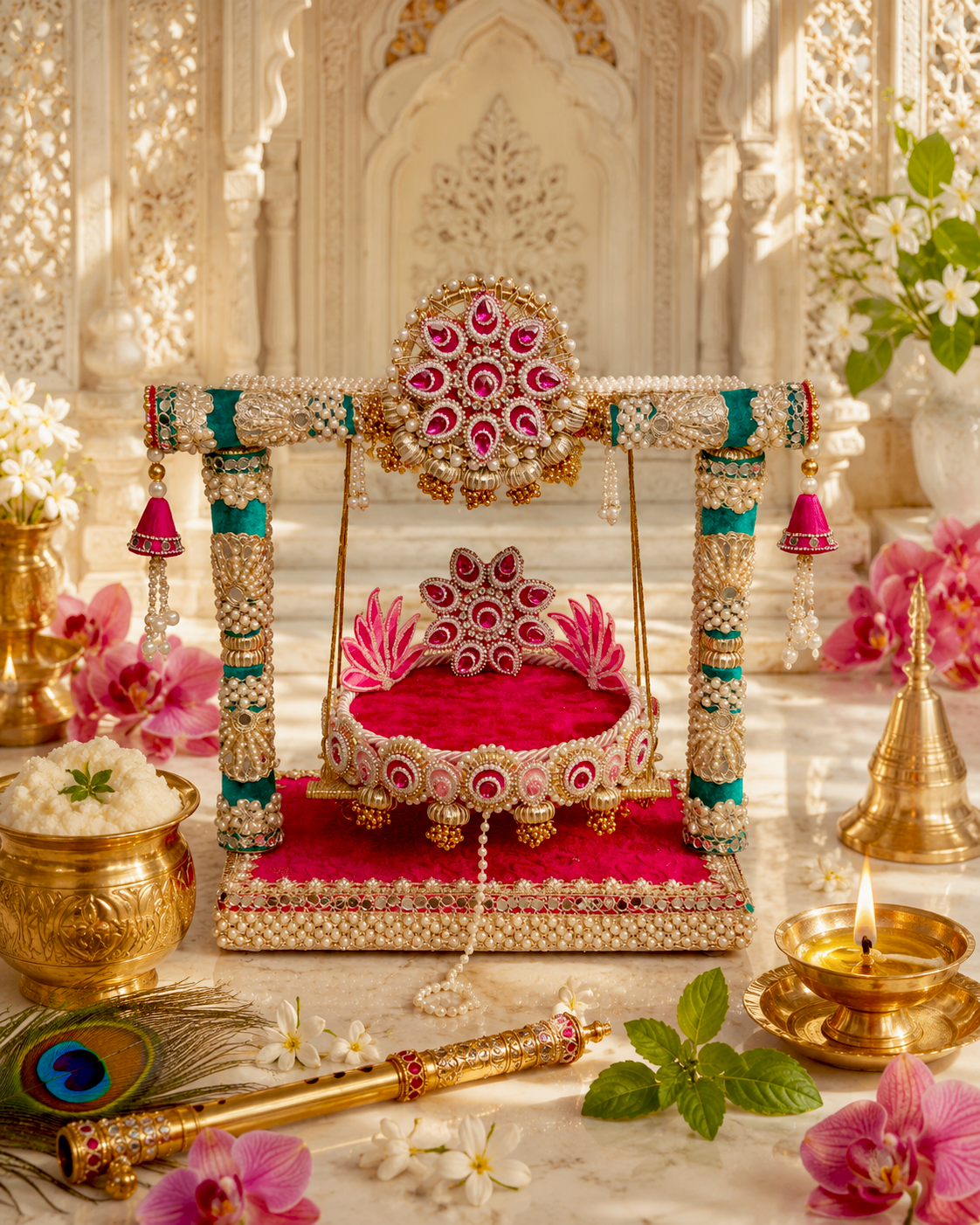 Royal Jhula & Singhasan for Ladoo Gopal | The Royal Collection | 2-in-1 Handcrafted Rani Pink & Teal Velvet Swing with Detachable Singhasan, Lotus Patra & Pearl Embellishments | 16 Inch Kanha Jhula