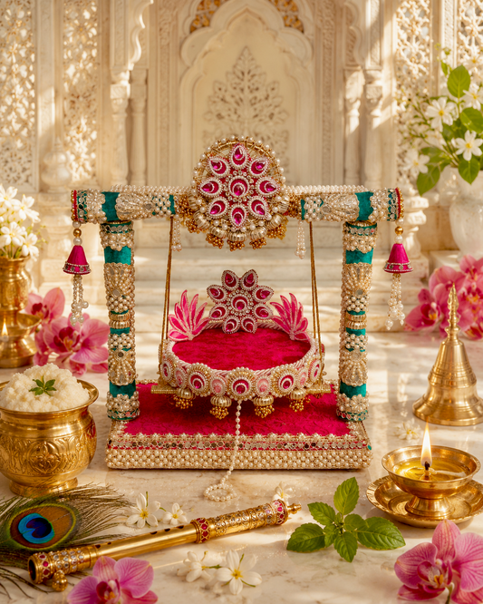Royal Jhula & Singhasan for Ladoo Gopal | The Royal Collection | 2-in-1 Handcrafted Rani Pink & Teal Velvet Swing with Detachable Singhasan, Lotus Patra & Pearl Embellishments | 16 Inch Kanha Jhula