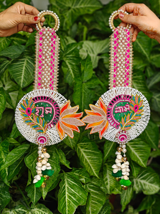 Handcrafted Shubh Laabh Diwali hanging with pearl detailing and traditional embroidery, 18 x 7 inch festive décor