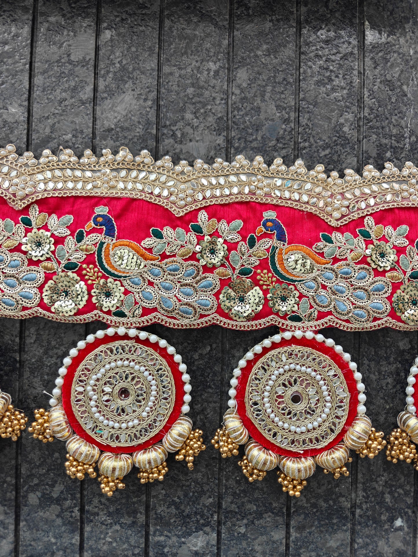 Red Peacock Embroidered Bandhanwar with Mirror Medallions & Gold Bead Fringe | 40 Inch